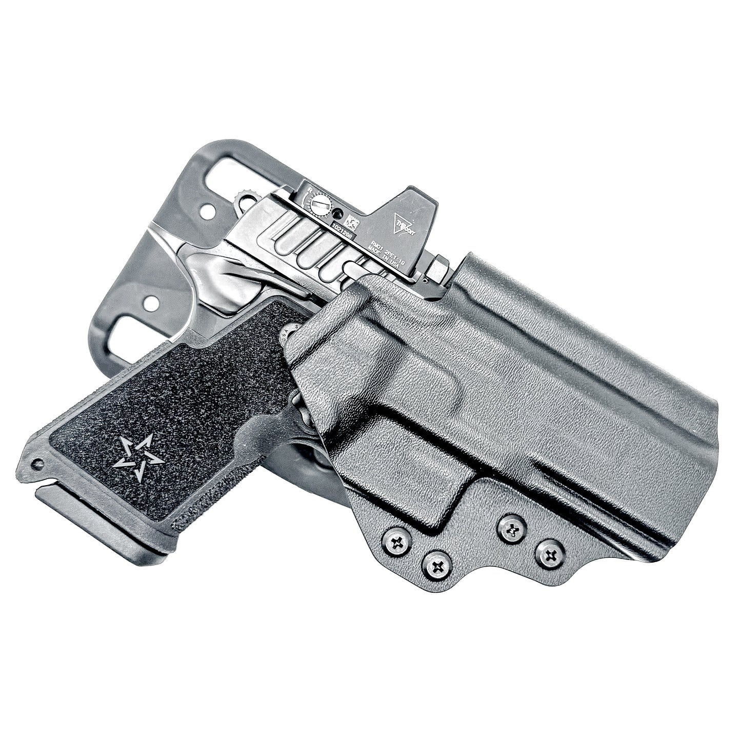 Precision-fit OWB outside the waistband duty & competition holster for the Staccato HD C4X shown in black with a Duty Drop Attachment.