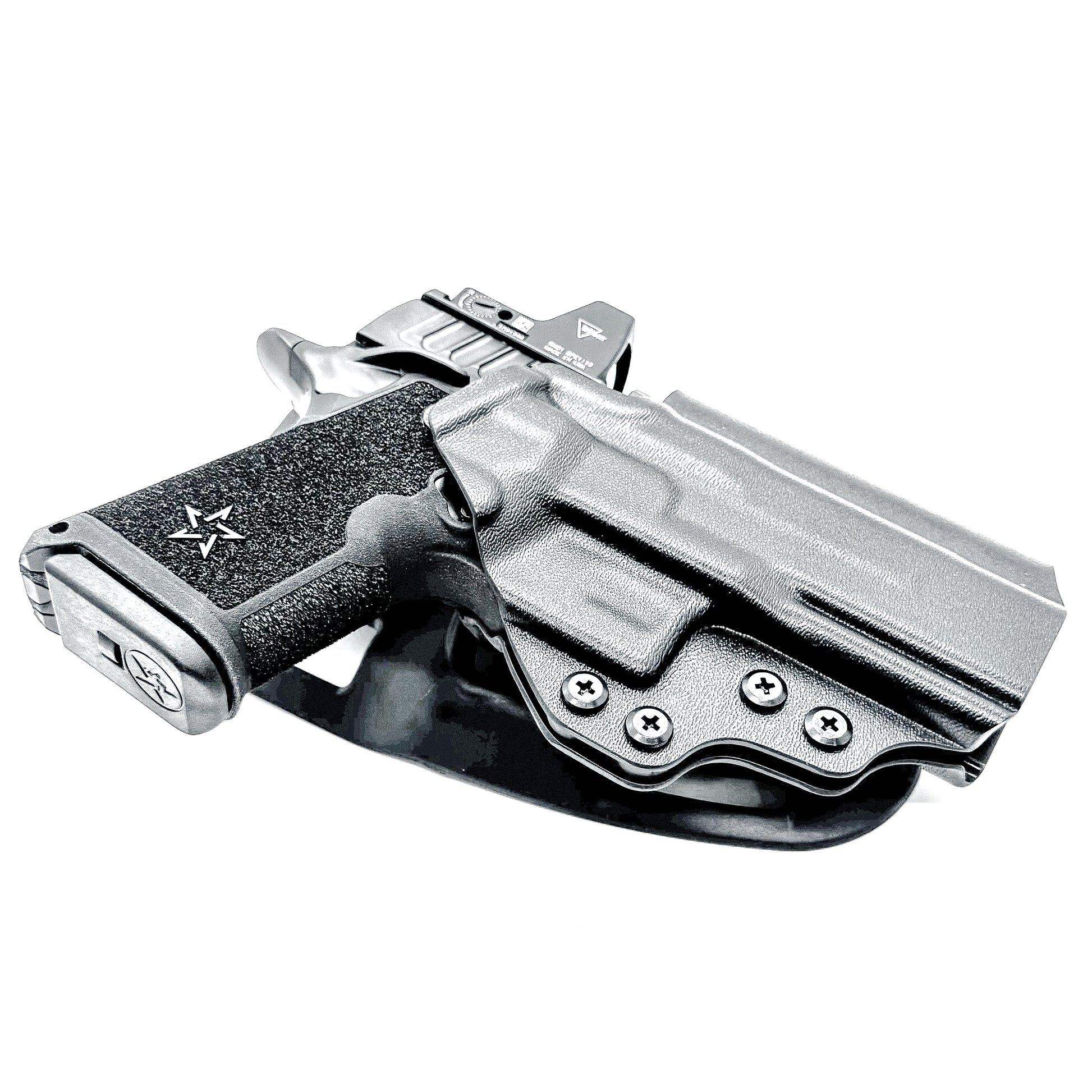 Precision-fit OWB outside the waistband duty & competition holster for the Staccato HD C4X shown in black with a Duty Drop Attachment.