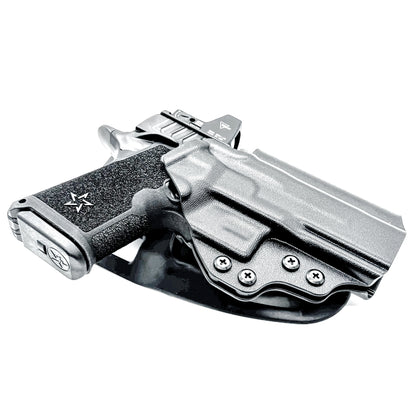 Precision-fit OWB outside the waistband duty & competition holster for the Staccato HD C4X shown in black with a Duty Drop Attachment.