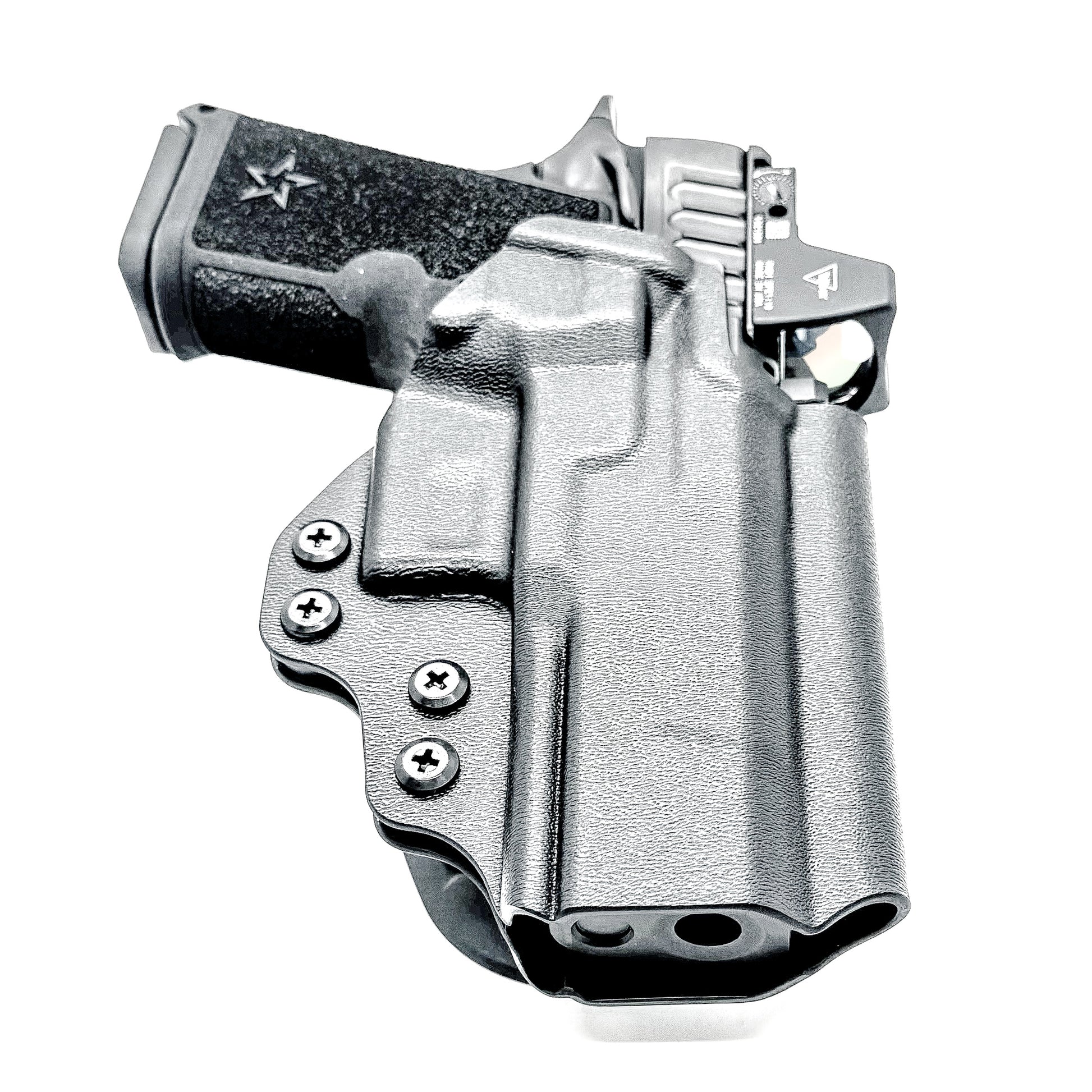 Precision-fit OWB outside the waistband duty & competition holster for the Staccato HD C4X shown in black with a Duty Drop Attachment.