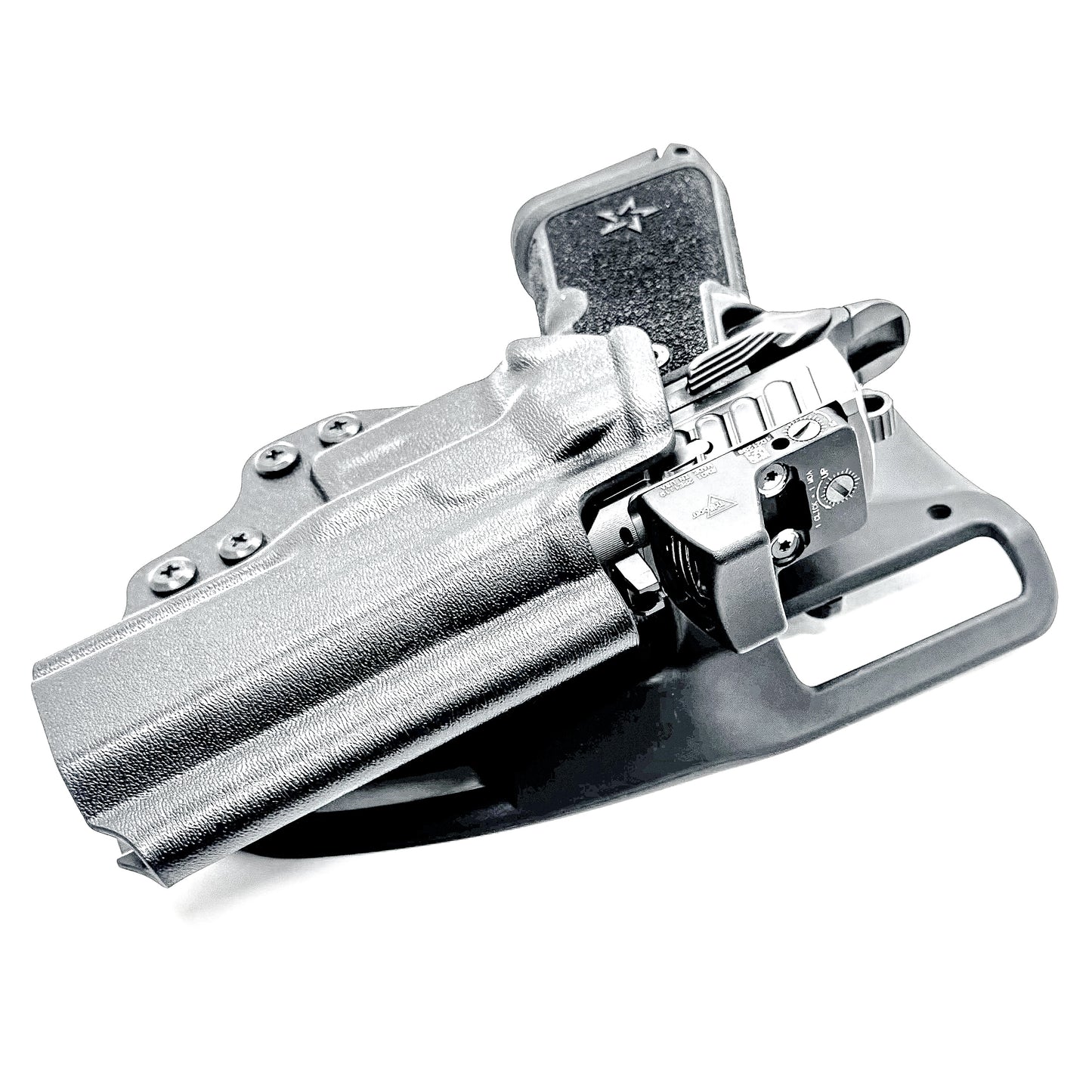 Precision-fit OWB outside the waistband duty & competition holster for the Staccato HD C4X shown in black with a Duty Drop Attachment.