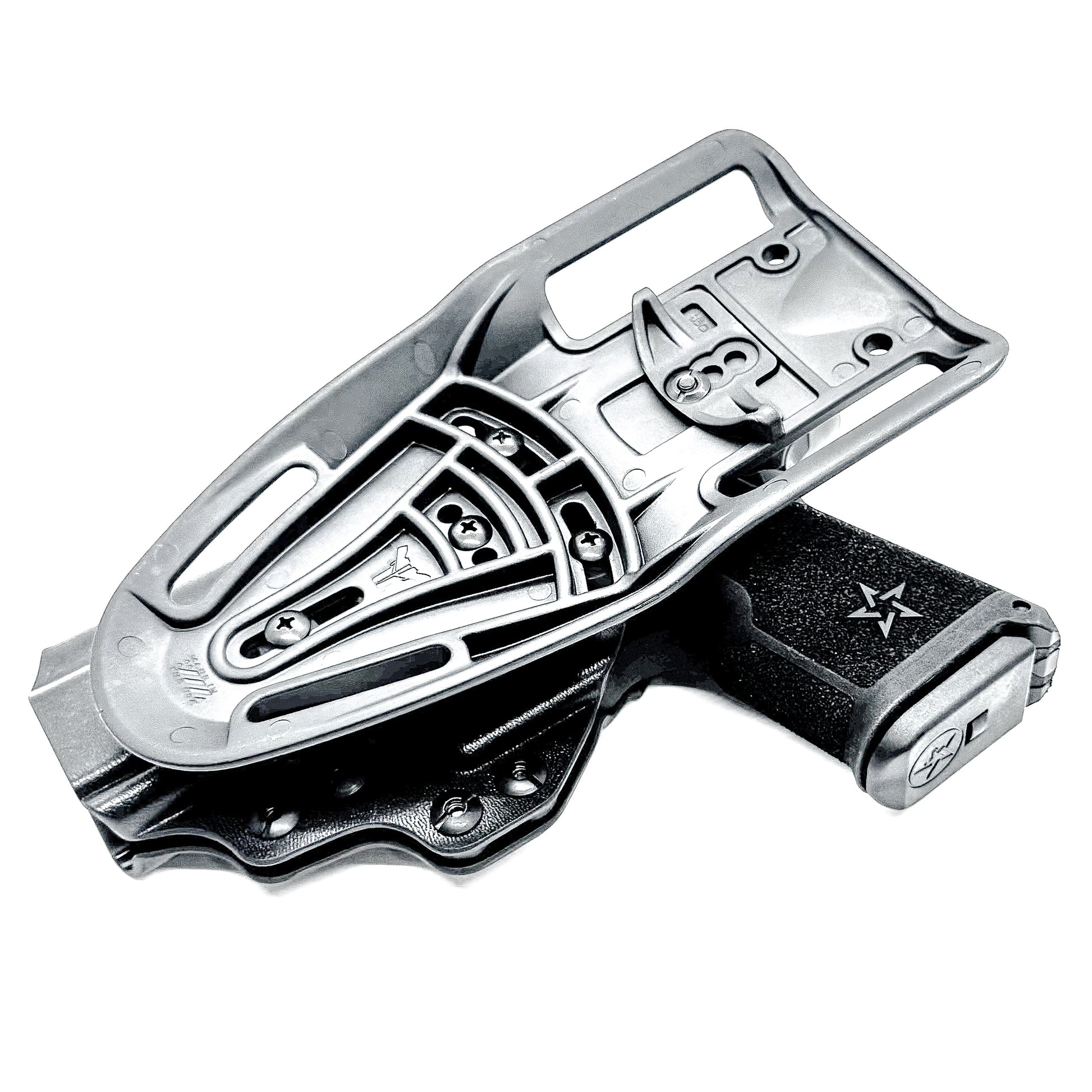 Precision-fit OWB outside the waistband duty & competition holster for the Staccato HD C4X shown in black with a Duty Drop Attachment.