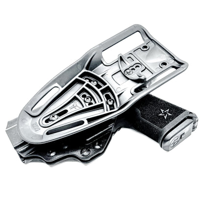 Precision-fit OWB outside the waistband duty & competition holster for the Staccato HD C4X shown in black with a Duty Drop Attachment.