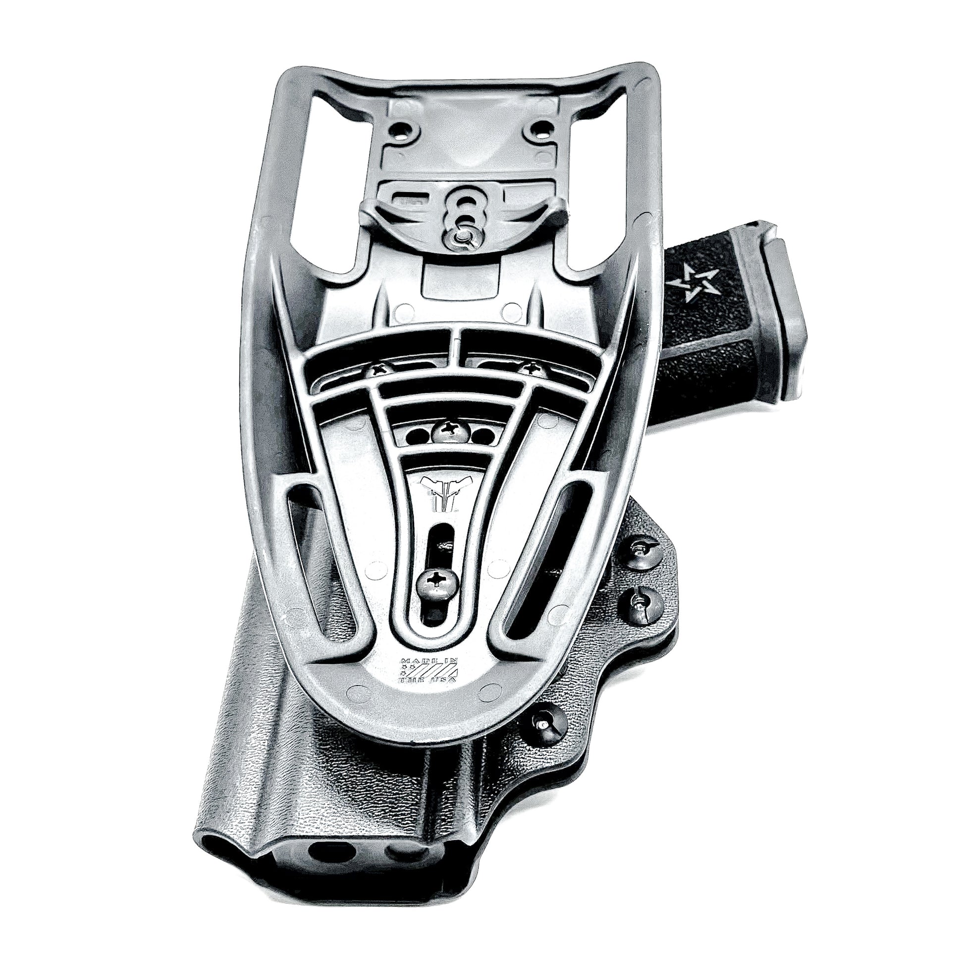 Precision-fit OWB outside the waistband duty & competition holster for the Staccato HD C4X shown in black with a Duty Drop Attachment.