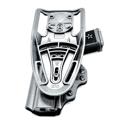 Precision-fit OWB outside the waistband duty & competition holster for the Staccato HD C4X shown in black with a Duty Drop Attachment.