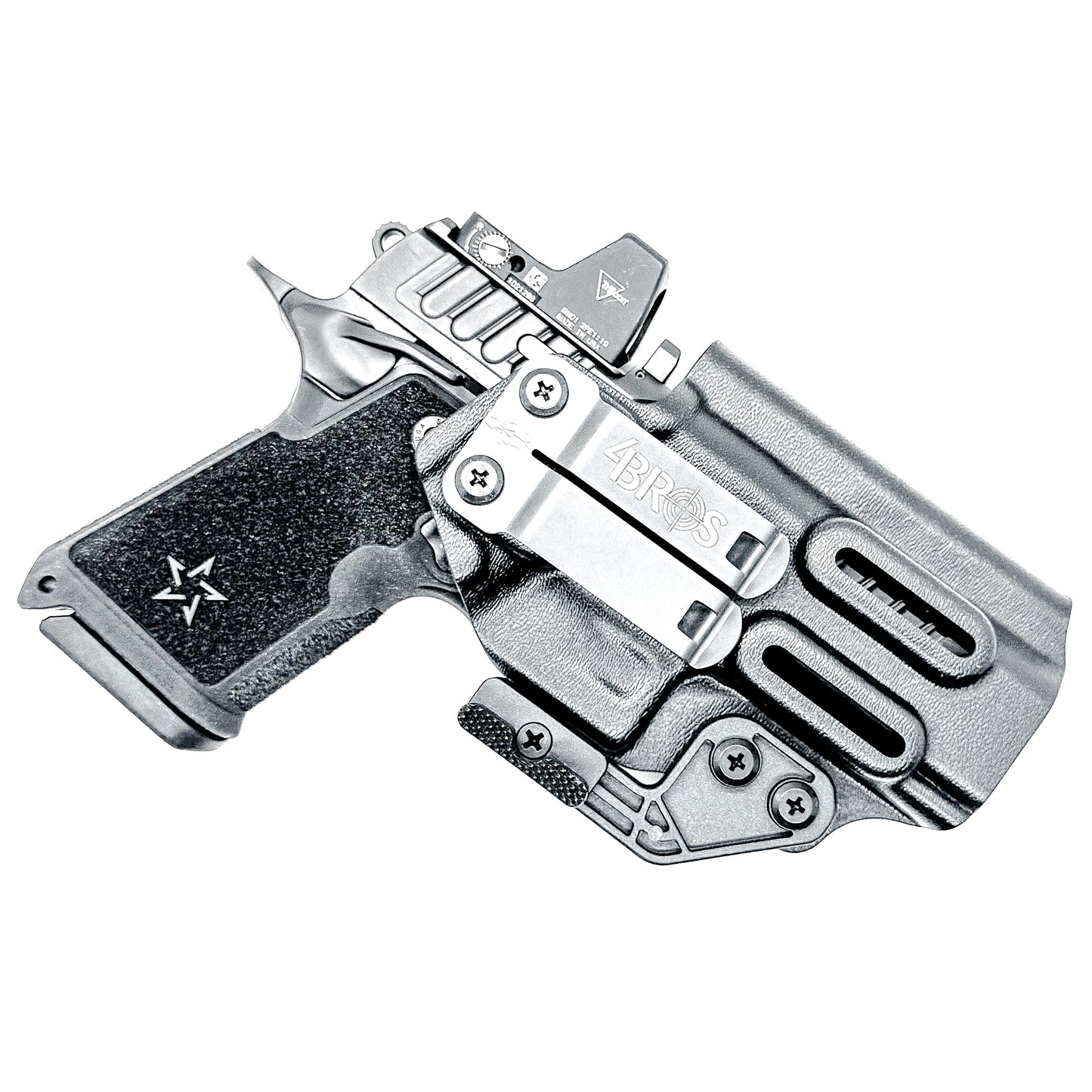 Black Precision-fit IWB inside the waistband holster for the Staccato HD C4X with a DCC Monoblock and a Modwing.