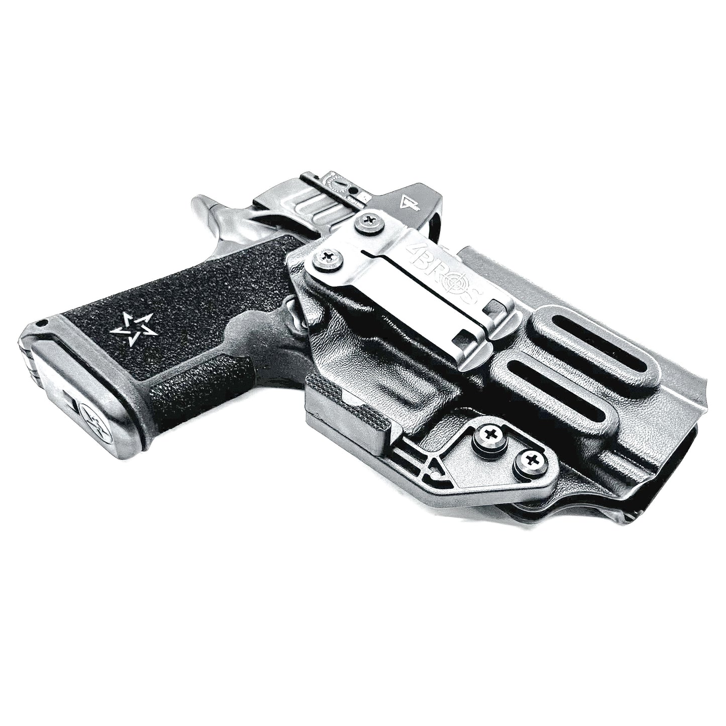 Black Precision-fit IWB inside the waistband holster for the Staccato HD C4X with a DCC Monoblock and a Modwing.