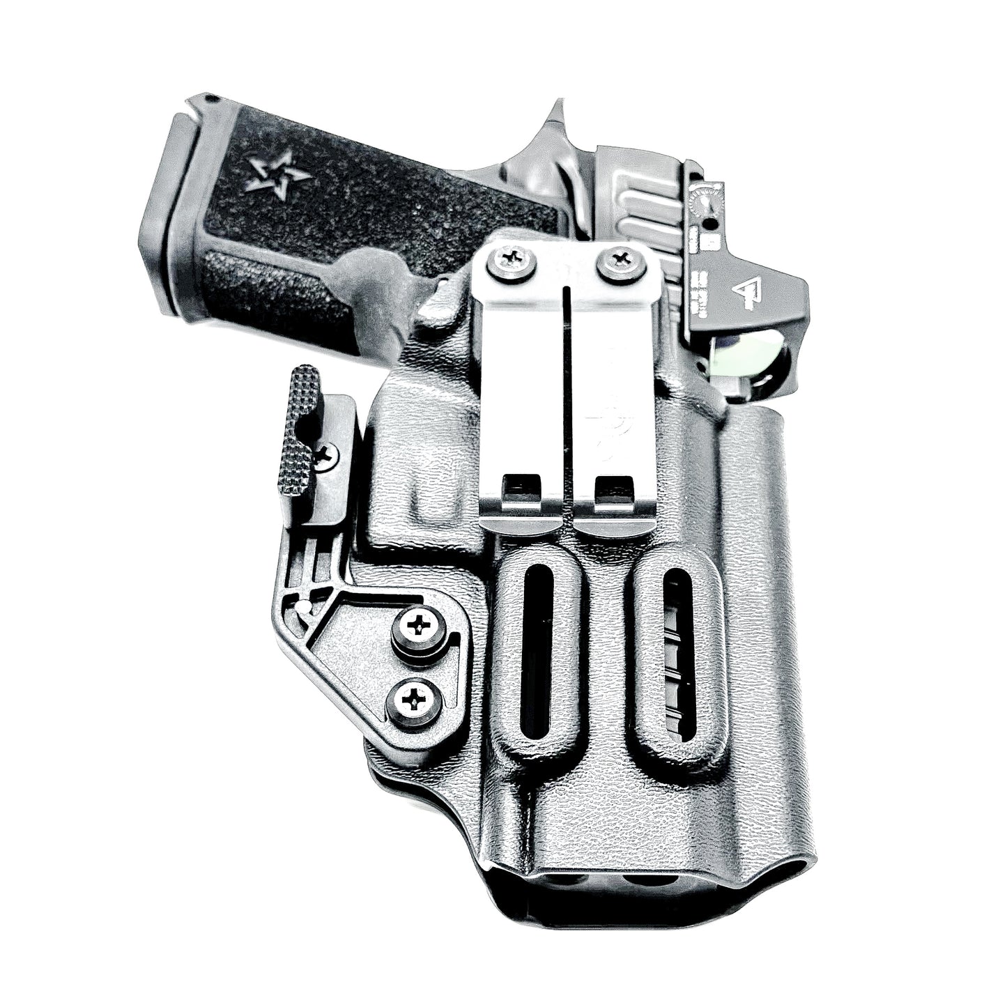 Black Precision-fit IWB inside the waistband holster for the Staccato HD C4X with a DCC Monoblock and a Modwing.