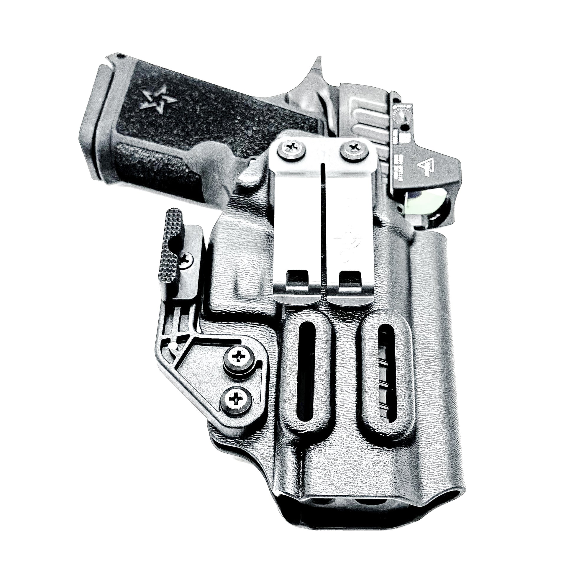 Black Precision-fit IWB inside the waistband holster for the Staccato HD C4X with a DCC Monoblock and a Modwing.