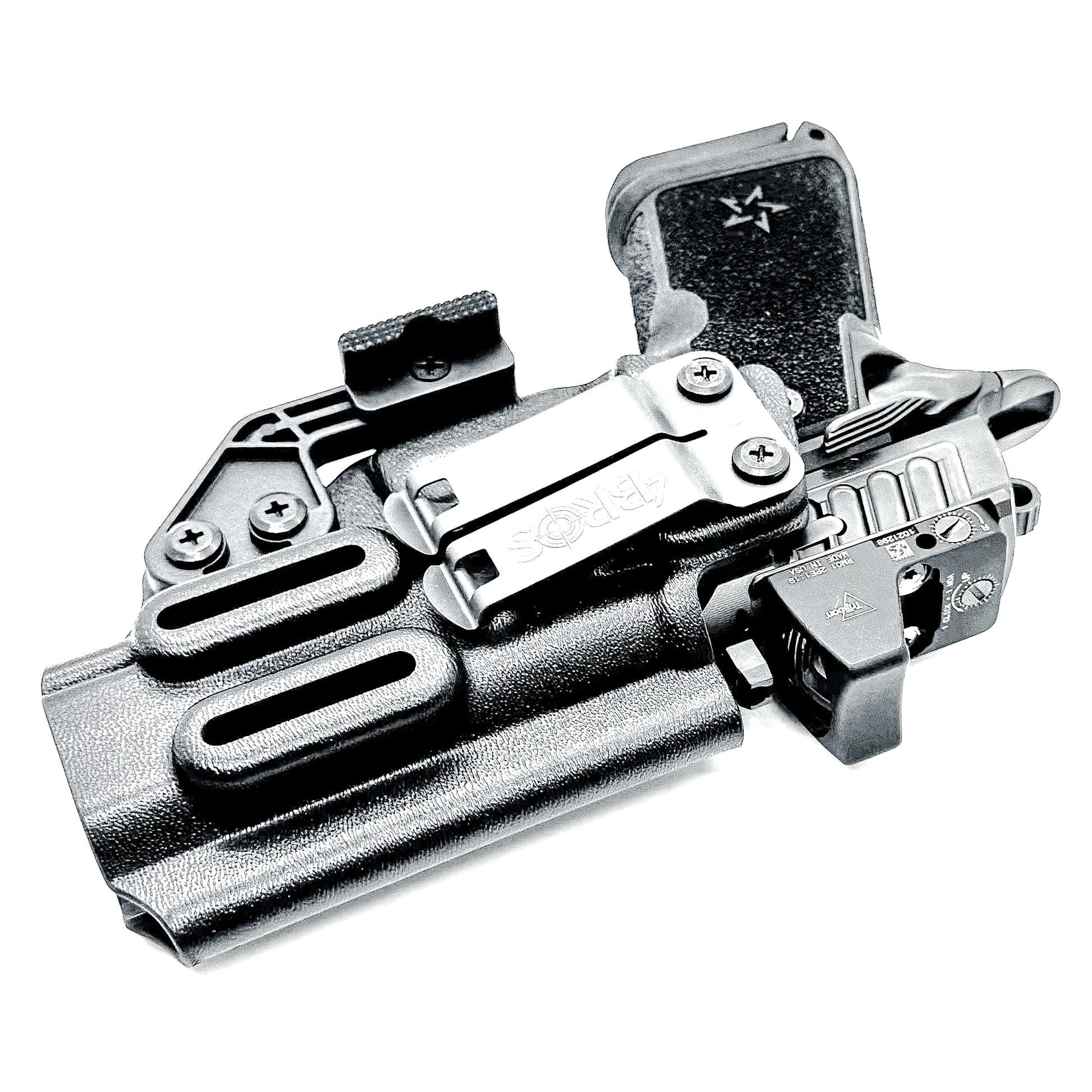 Black Precision-fit IWB inside the waistband holster for the Staccato HD C4X with a DCC Monoblock and a Modwing.