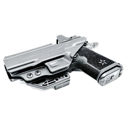 Black Precision-fit IWB inside the waistband holster for the Staccato HD C4X with a DCC Monoblock and a Modwing.