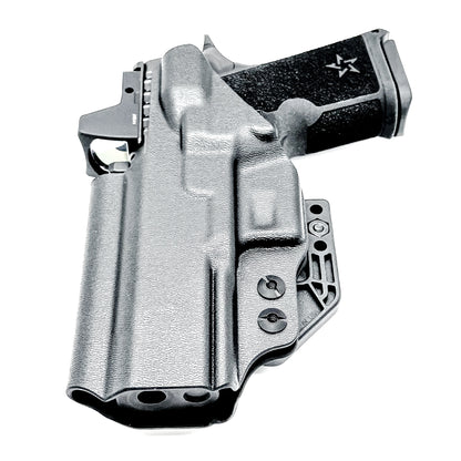 Black Precision-fit IWB inside the waistband holster for the Staccato HD C4X with a DCC Monoblock and a Modwing.
