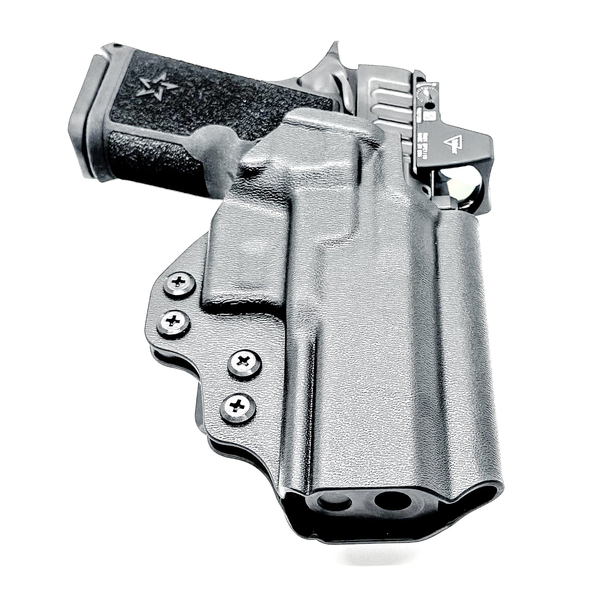 Precision-fit OWB outside the waistband holster for the Staccato HD C4X with 4BROS 1.5" Belt Slide in black.