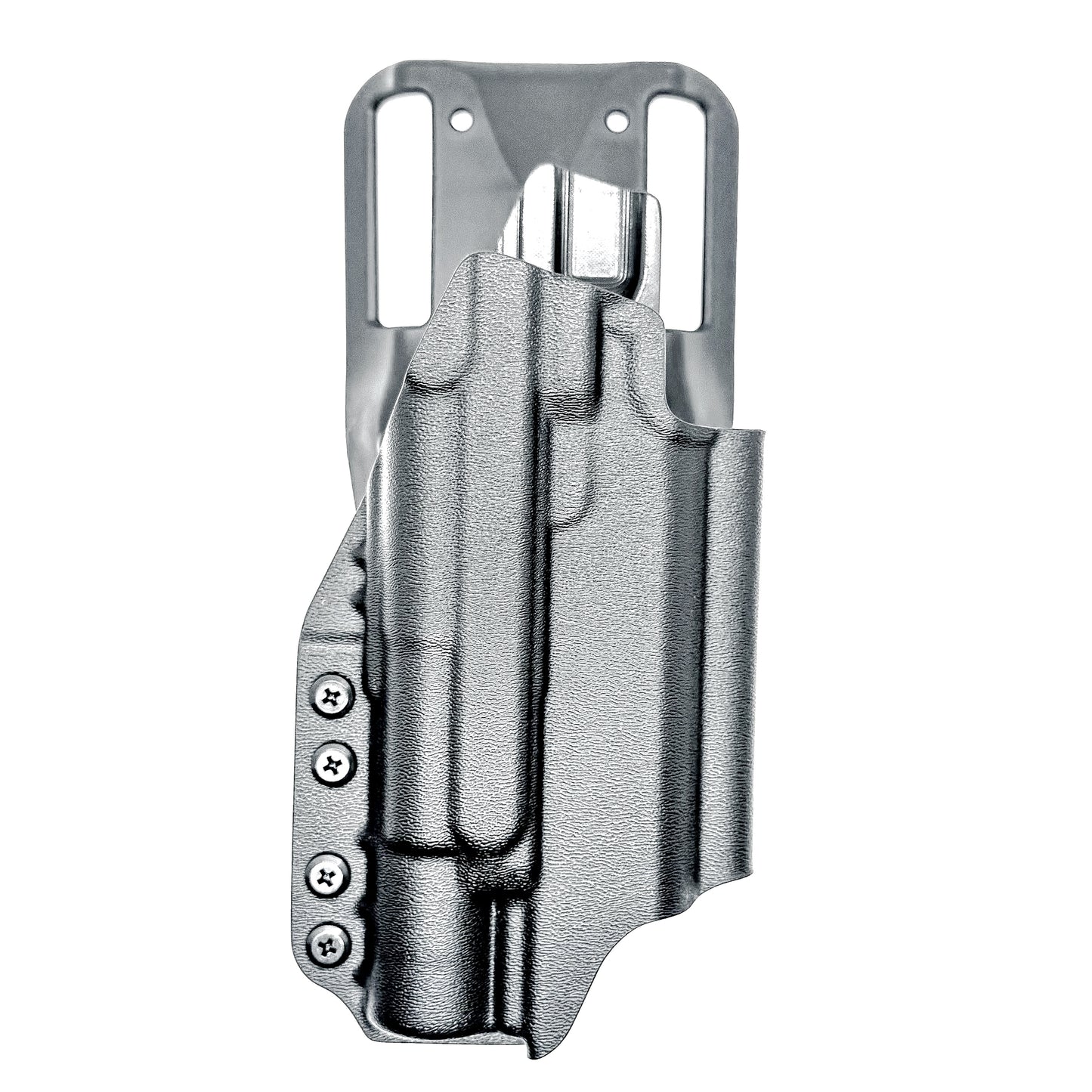 Precision-fit OWB outside the waistband duty & competition holster for the Staccato HD C4X and Surefire X300 from Four Brothers. Made in the USA. Shown In black with a Duty Drop attachment.