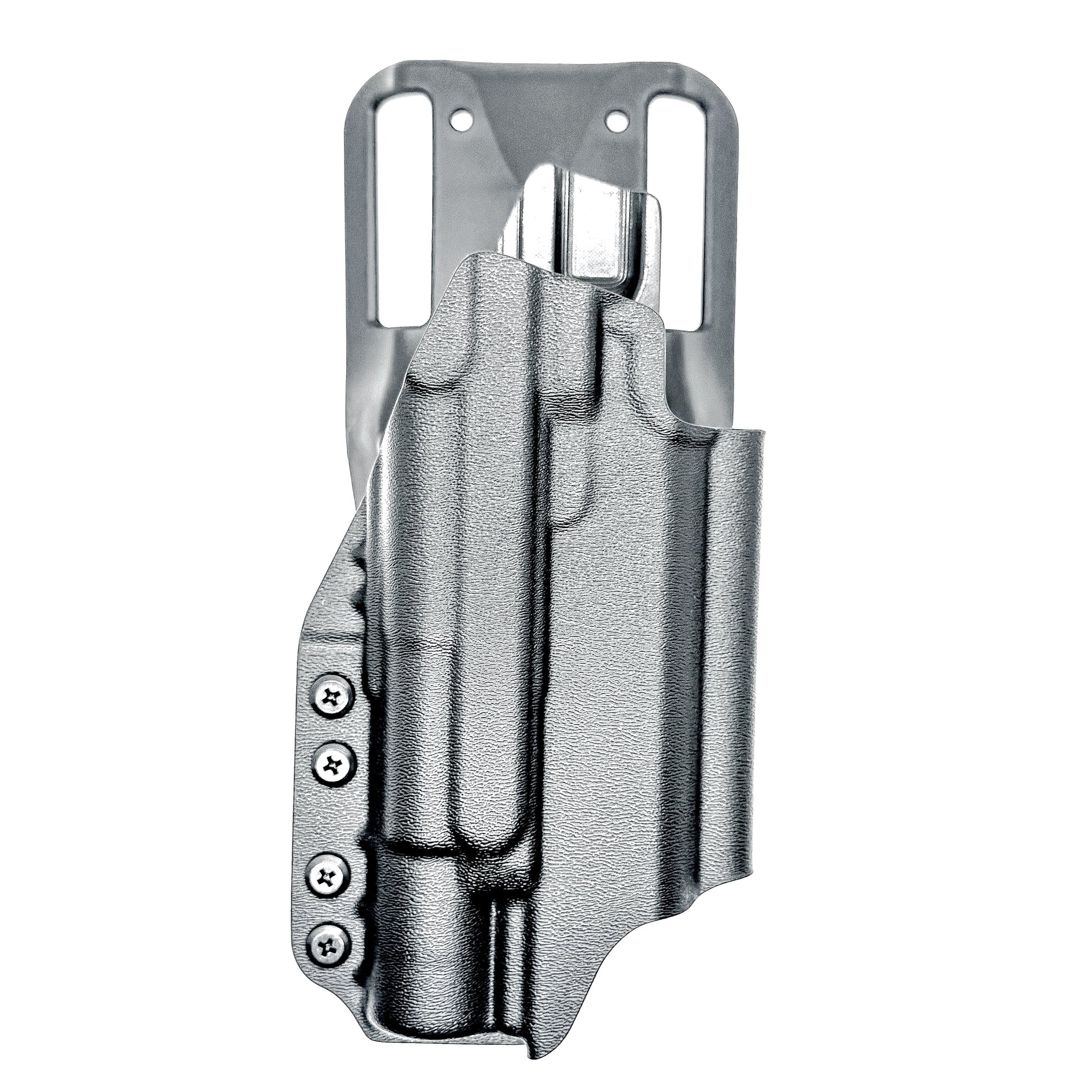 Precision-fit OWB outside the waistband duty & competition holster for the Staccato HD C4X and Surefire X300 from Four Brothers. Made in the USA. Shown In black with a Duty Drop attachment.