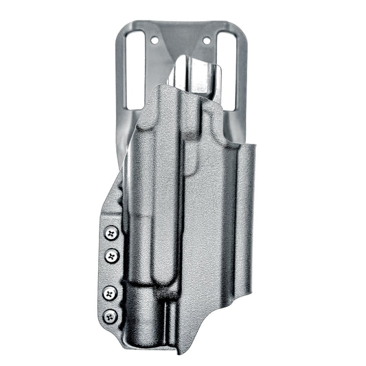 Precision-fit OWB outside the waistband duty & competition holster for the Staccato HD C4X and Surefire X300 from Four Brothers. Made in the USA. Shown In black with a Duty Drop attachment.