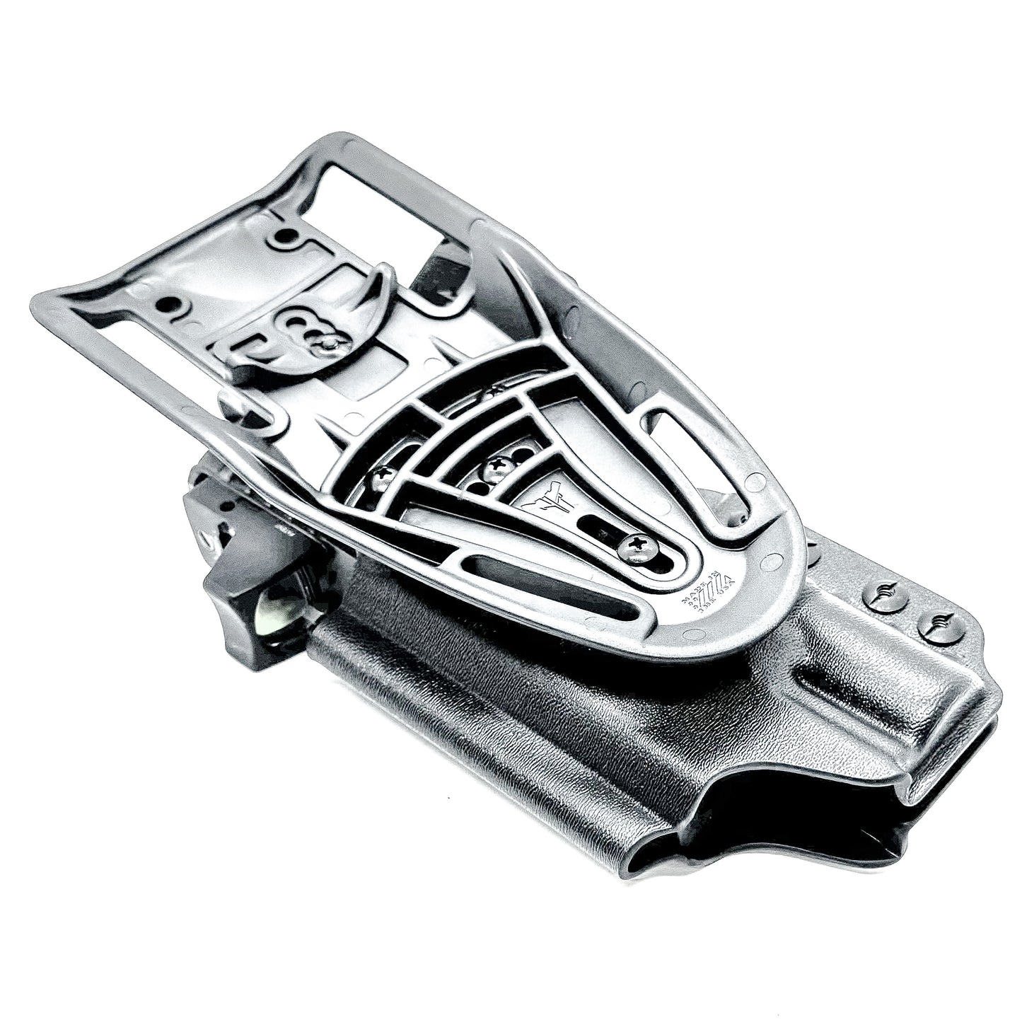 Precision-fit OWB outside the waistband duty & competition holster for the Staccato HD C4X and Surefire X300 from Four Brothers. Made in the USA. Shown In black with a Duty Drop attachment.