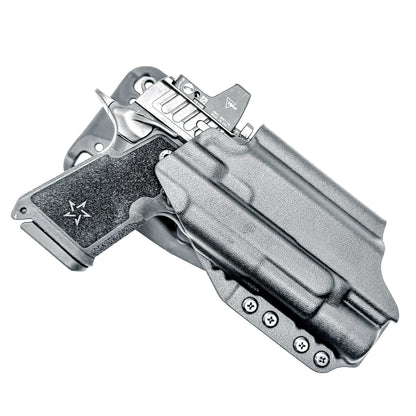 Precision-fit OWB outside the waistband duty & competition holster for the Staccato HD C4X and Surefire X300 from Four Brothers. Made in the USA. Shown In black with a Duty Drop attachment.