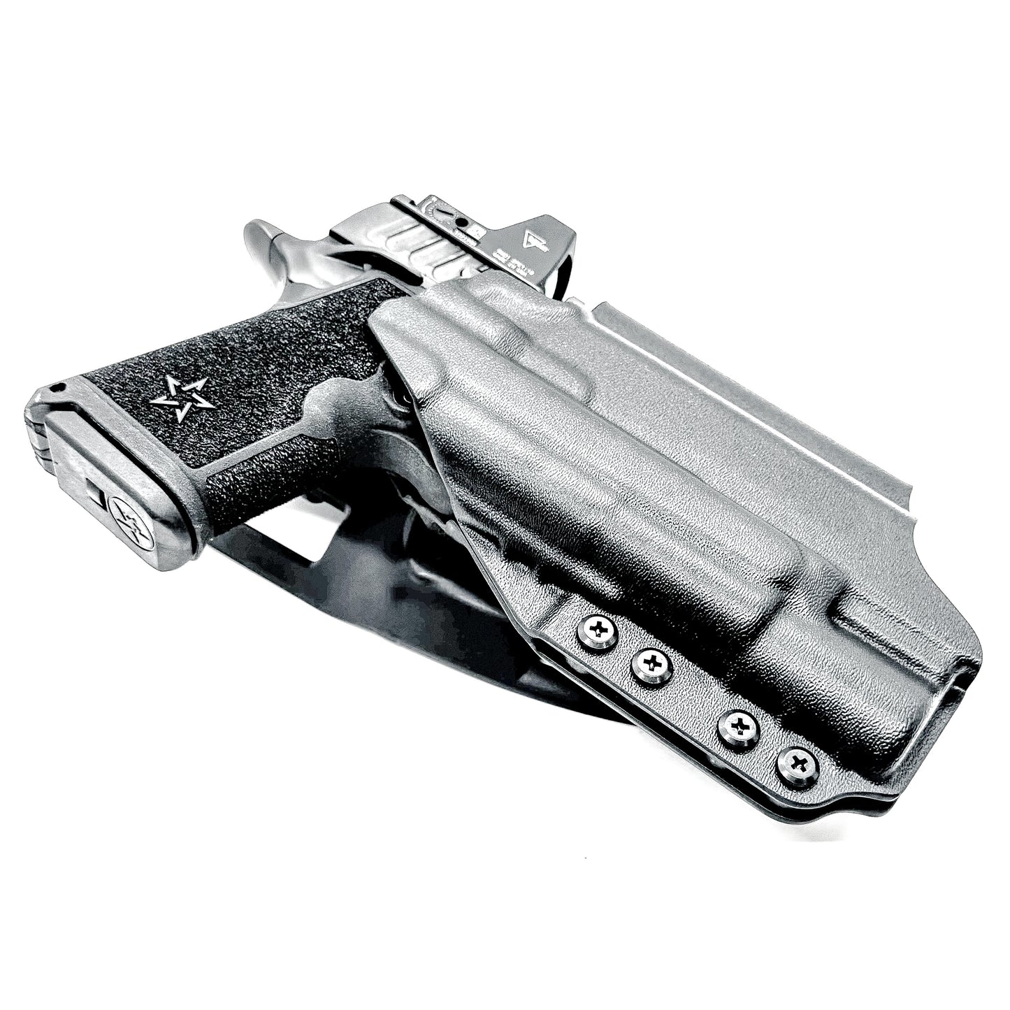 Precision-fit OWB outside the waistband duty & competition holster for the Staccato HD C4X and Surefire X300 from Four Brothers. Made in the USA. Shown In black with a Duty Drop attachment.