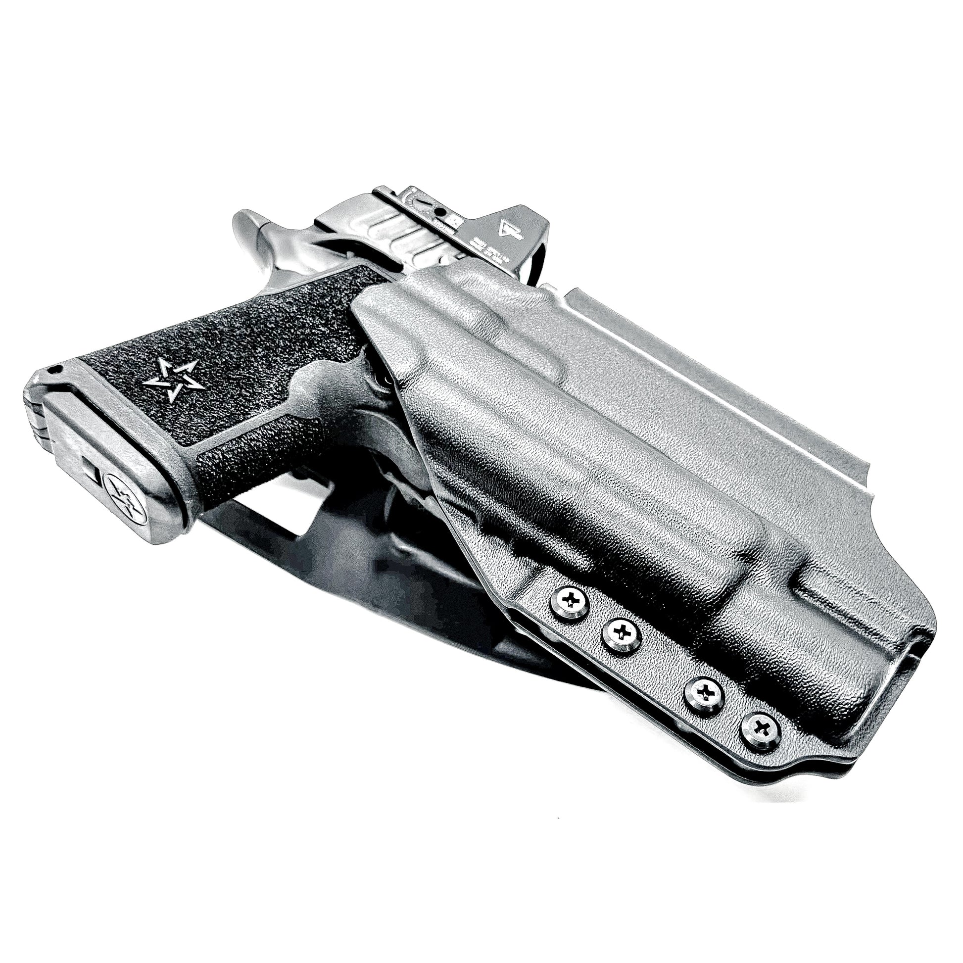 Precision-fit OWB outside the waistband duty & competition holster for the Staccato HD C4X and Surefire X300 from Four Brothers. Made in the USA. Shown In black with a Duty Drop attachment.