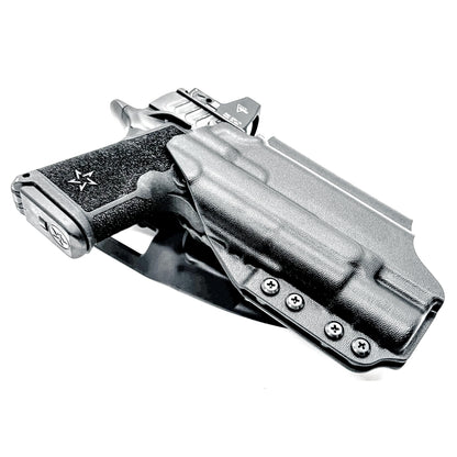 Precision-fit OWB outside the waistband duty & competition holster for the Staccato HD C4X and Surefire X300 from Four Brothers. Made in the USA. Shown In black with a Duty Drop attachment.