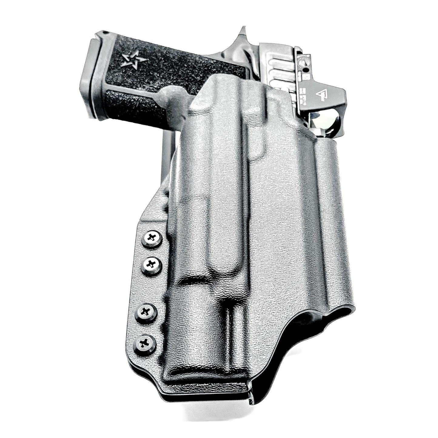 Precision-fit OWB outside the waistband duty & competition holster for the Staccato HD C4X and Surefire X300 from Four Brothers. Made in the USA. Shown In black with a Duty Drop attachment.