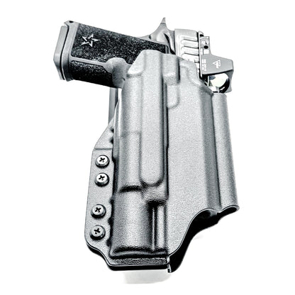 Precision-fit OWB outside the waistband duty & competition holster for the Staccato HD C4X and Surefire X300 from Four Brothers. Made in the USA. Shown In black with a Duty Drop attachment.