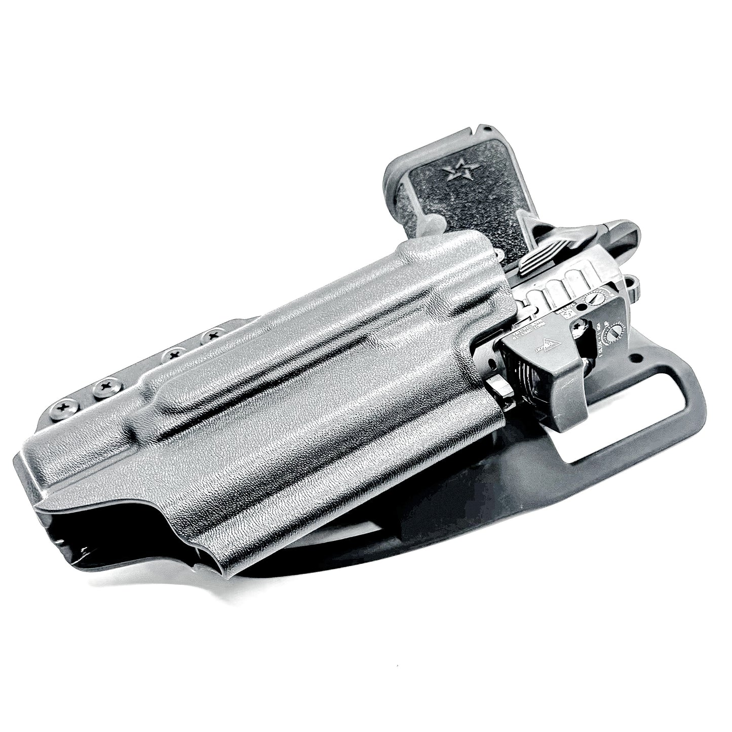 Precision-fit OWB outside the waistband duty & competition holster for the Staccato HD C4X and Surefire X300 from Four Brothers. Made in the USA. Shown In black with a Duty Drop attachment.