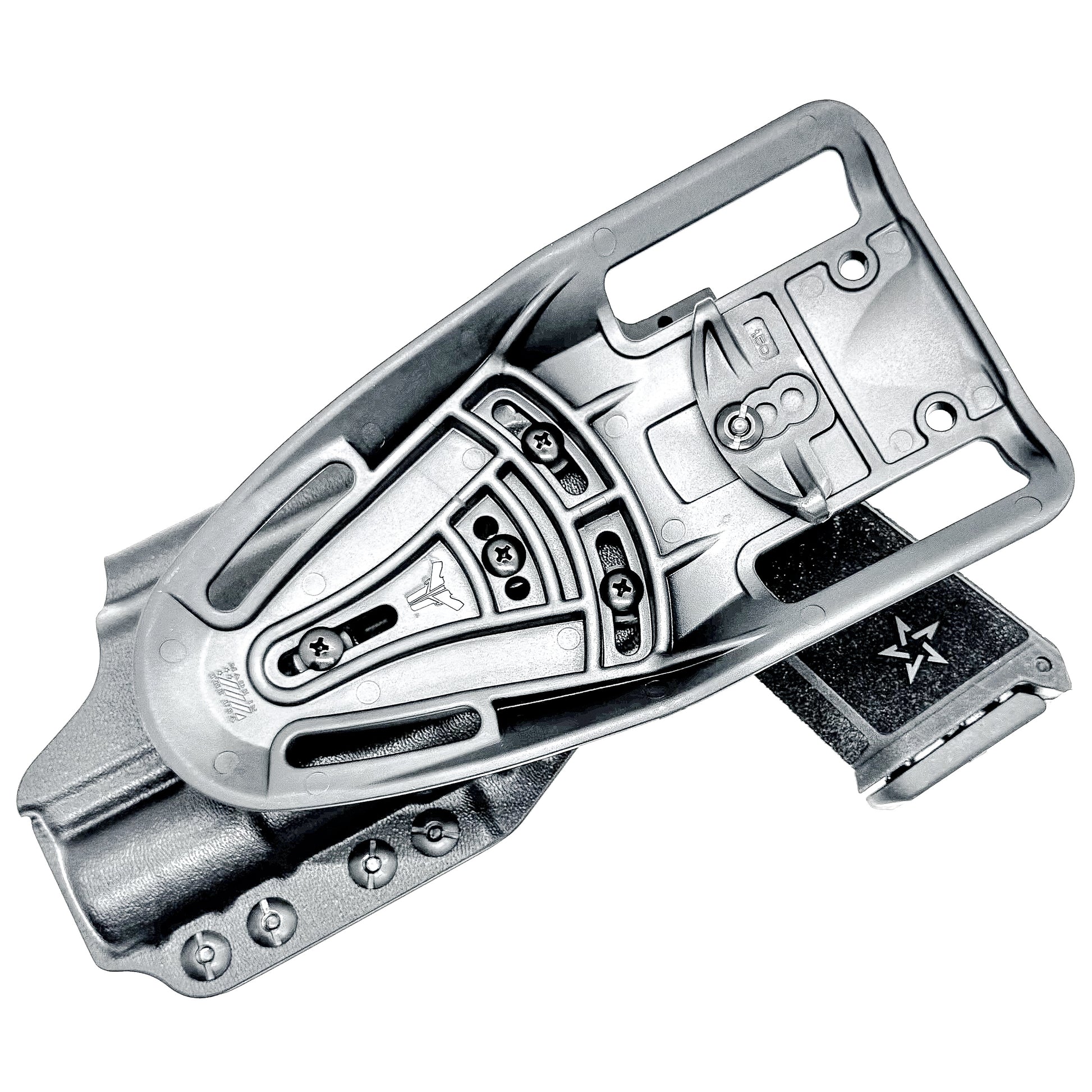 Precision-fit OWB outside the waistband duty & competition holster for the Staccato HD C4X and Surefire X300 from Four Brothers. Made in the USA. Shown In black with a Duty Drop attachment.