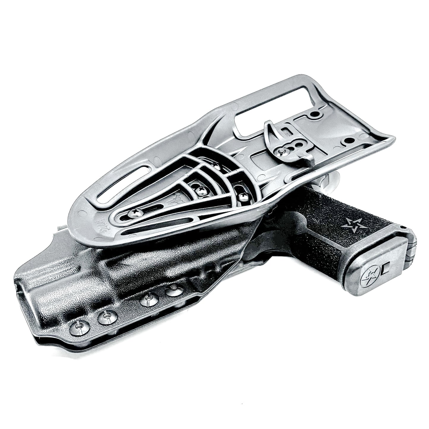 Precision-fit OWB outside the waistband duty & competition holster for the Staccato HD C4X and Surefire X300 from Four Brothers. Made in the USA. Shown In black with a Duty Drop attachment.