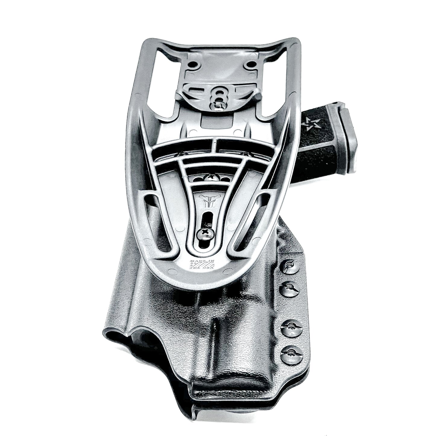 Precision-fit OWB outside the waistband duty & competition holster for the Staccato HD C4X and Surefire X300 from Four Brothers. Made in the USA. Shown In black with a Duty Drop attachment.