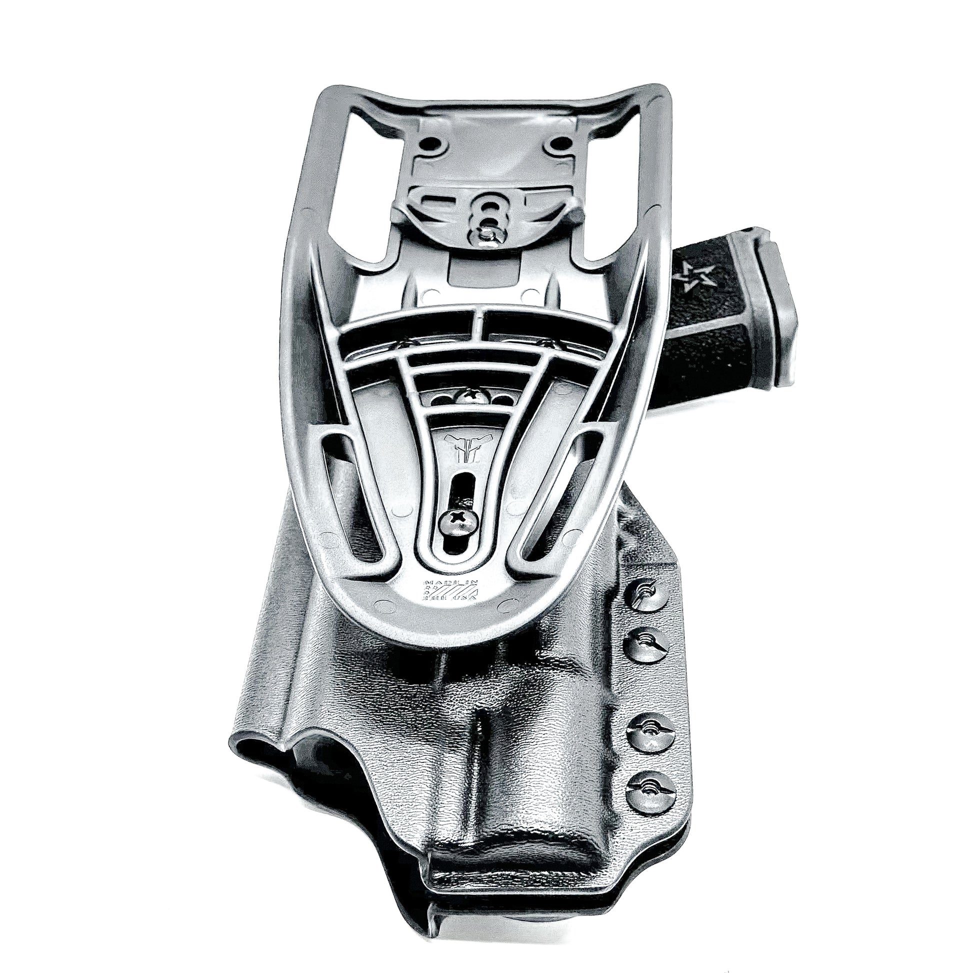 Precision-fit OWB outside the waistband duty & competition holster for the Staccato HD C4X and Surefire X300 from Four Brothers. Made in the USA. Shown In black with a Duty Drop attachment.