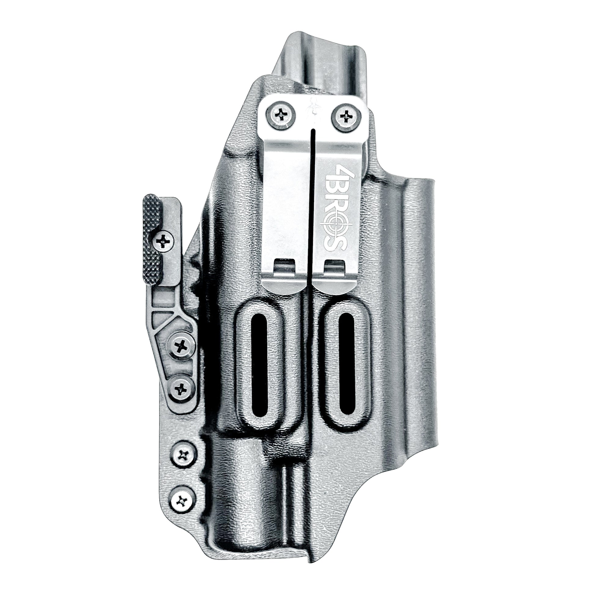 Black Precision-fit IWB inside the waistband holster with DCC Monoblock and a Modwing for the Staccato HD C4X and Surefire X300 from Four Brothers. Designed for comfort and concealment.  