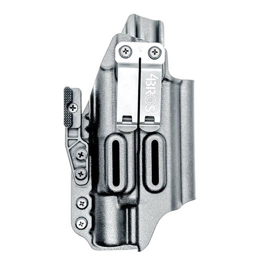 Black Precision-fit IWB inside the waistband holster with DCC Monoblock and a Modwing for the Staccato HD C4X and Surefire X300 from Four Brothers. Designed for comfort and concealment.  