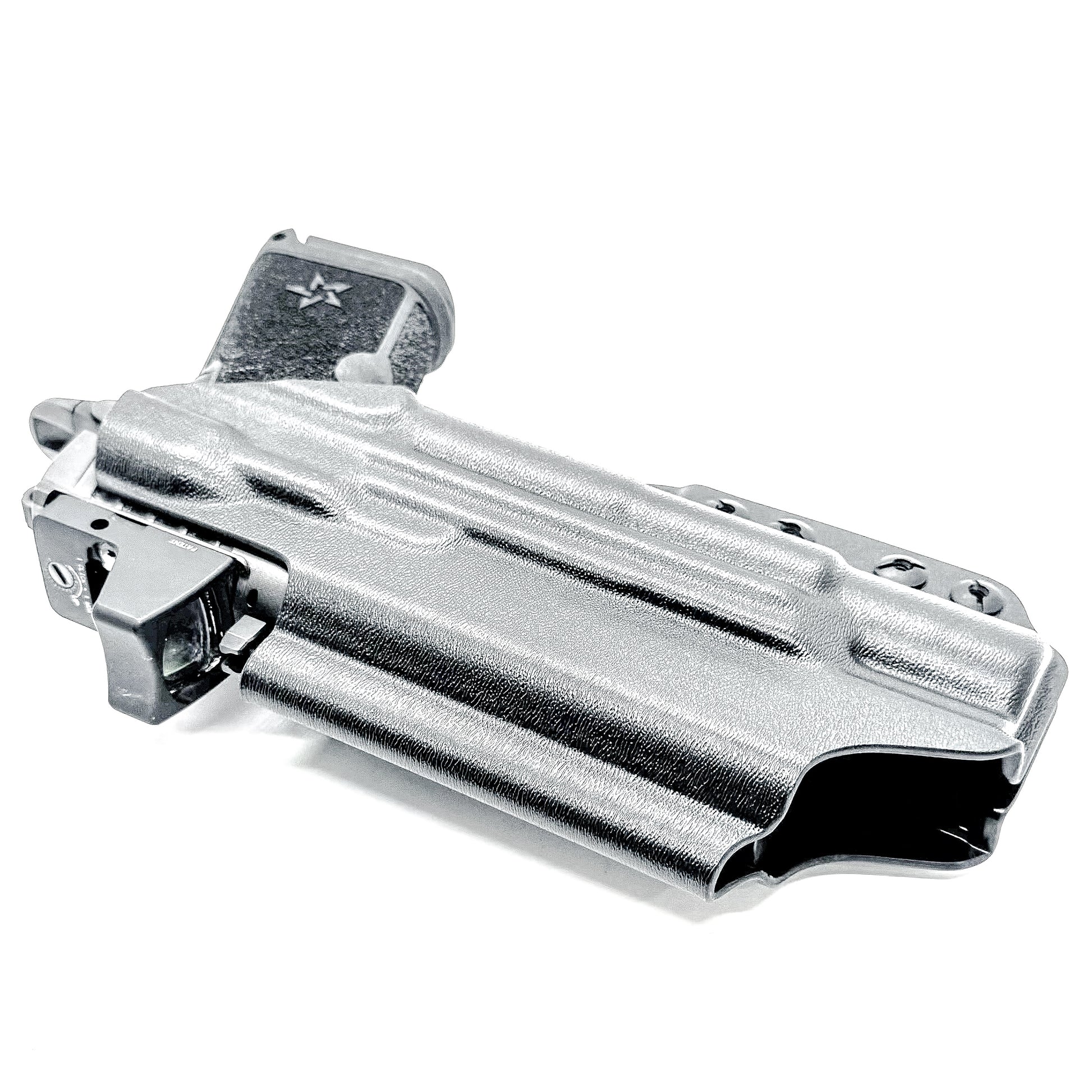 Black Precision-fit IWB inside the waistband holster with DCC Monoblock and a Modwing for the Staccato HD C4X and Surefire X300 from Four Brothers. Designed for comfort and concealment.  