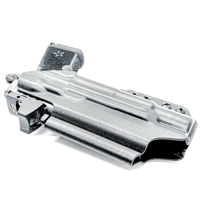 Black Precision-fit IWB inside the waistband holster with DCC Monoblock and a Modwing for the Staccato HD C4X and Surefire X300 from Four Brothers. Designed for comfort and concealment.  