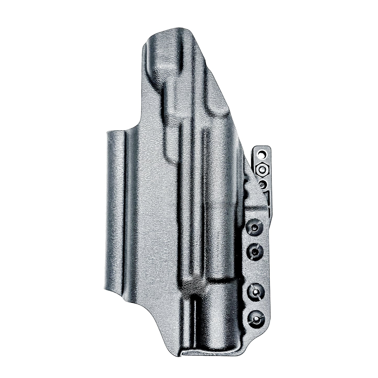 Black Precision-fit IWB inside the waistband holster with DCC Monoblock and a Modwing for the Staccato HD C4X and Surefire X300 from Four Brothers. Designed for comfort and concealment.  