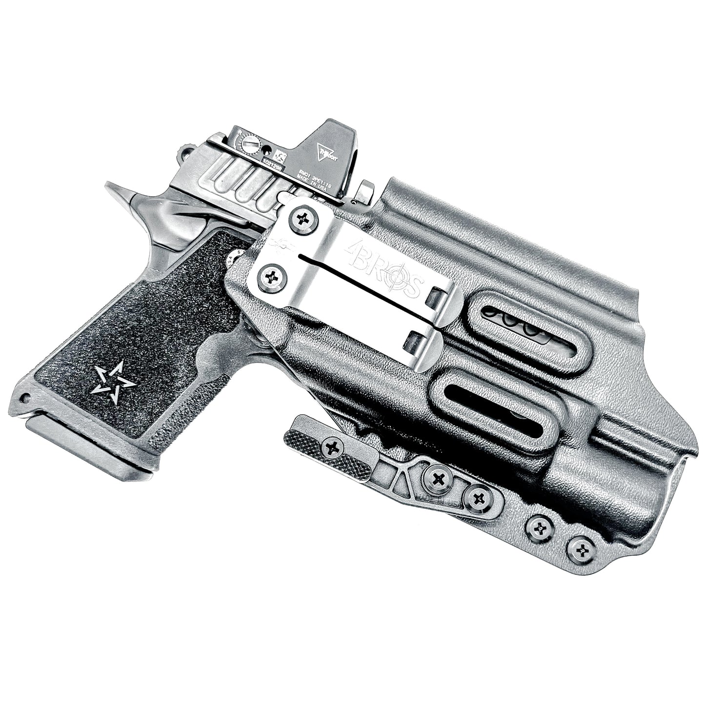 Black Precision-fit IWB inside the waistband holster with DCC Monoblock and a Modwing for the Staccato HD C4X and Surefire X300 from Four Brothers. Designed for comfort and concealment.  