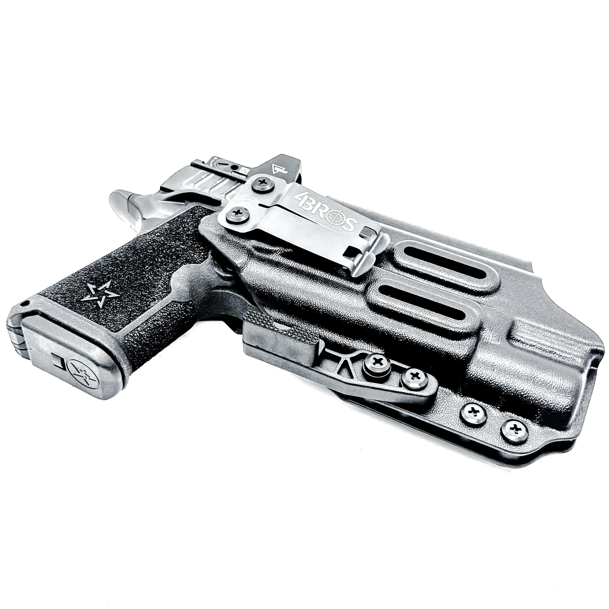 Black Precision-fit IWB inside the waistband holster with DCC Monoblock and a Modwing for the Staccato HD C4X and Surefire X300 from Four Brothers. Designed for comfort and concealment.  