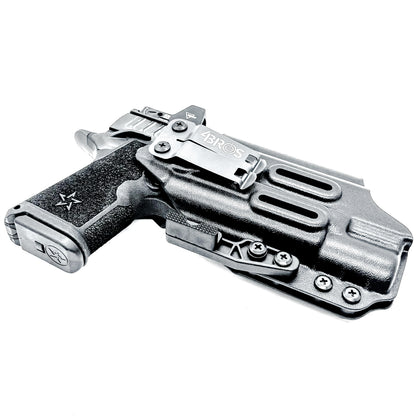Black Precision-fit IWB inside the waistband holster with DCC Monoblock and a Modwing for the Staccato HD C4X and Surefire X300 from Four Brothers. Designed for comfort and concealment.  