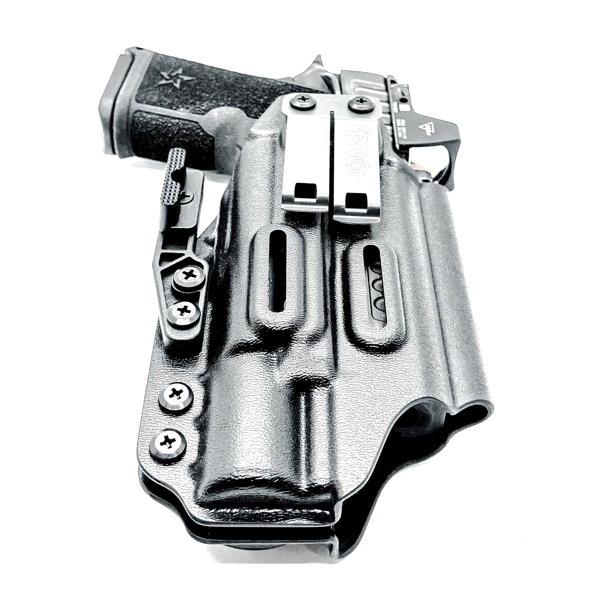 Black Precision-fit IWB inside the waistband holster with DCC Monoblock and a Modwing for the Staccato HD C4X and Surefire X300 from Four Brothers. Designed for comfort and concealment.  