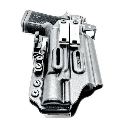 Black Precision-fit IWB inside the waistband holster with DCC Monoblock and a Modwing for the Staccato HD C4X and Surefire X300 from Four Brothers. Designed for comfort and concealment.  