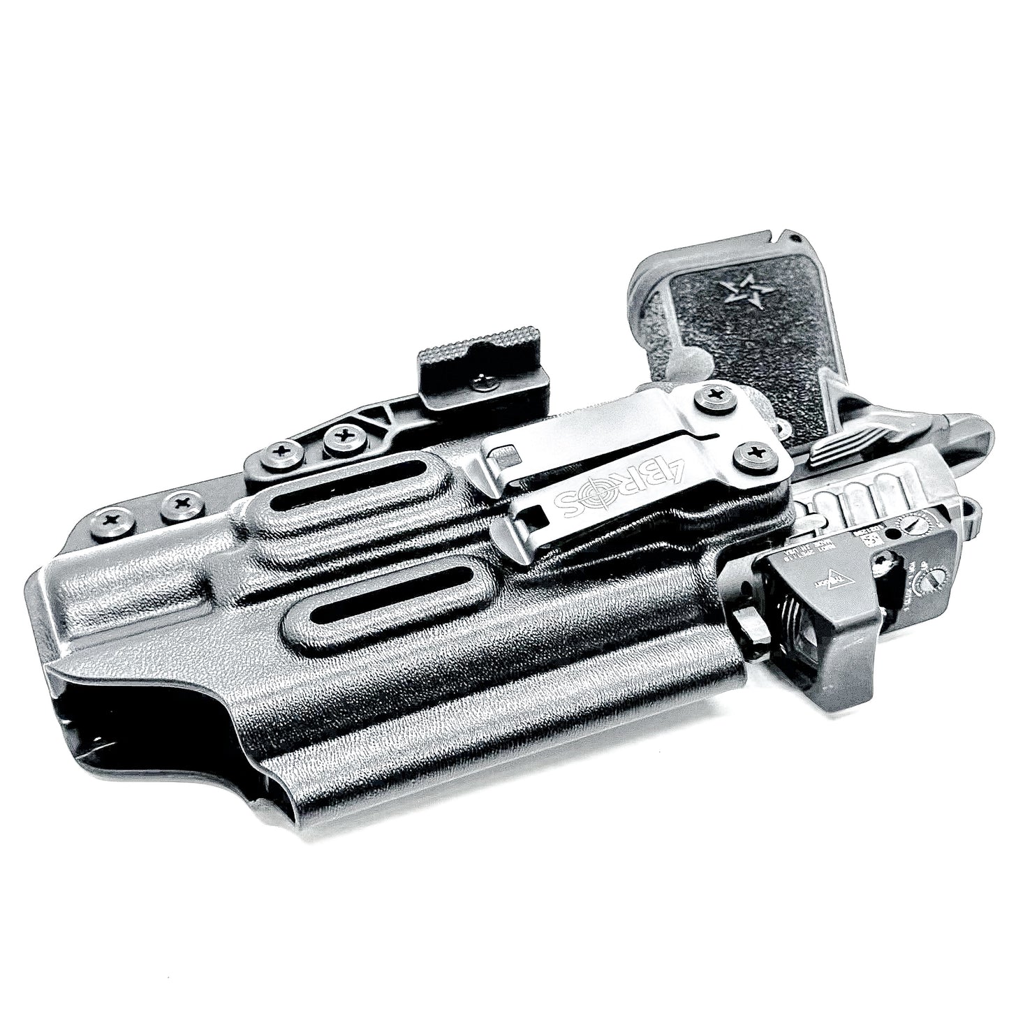 Black Precision-fit IWB inside the waistband holster with DCC Monoblock and a Modwing for the Staccato HD C4X and Surefire X300 from Four Brothers. Designed for comfort and concealment.  