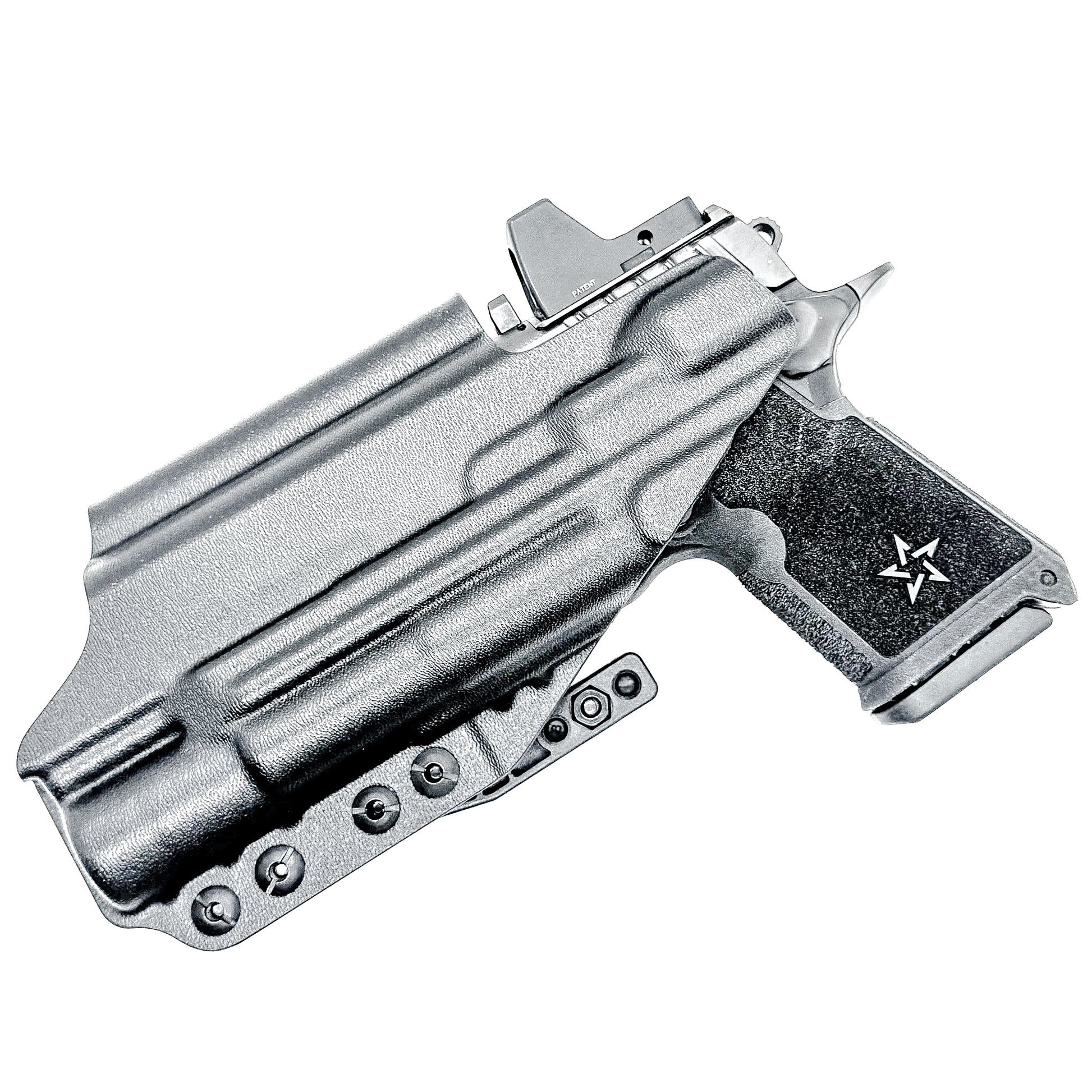 Black Precision-fit IWB inside the waistband holster with DCC Monoblock and a Modwing for the Staccato HD C4X and Surefire X300 from Four Brothers. Designed for comfort and concealment.  