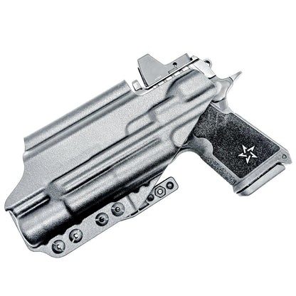 Black Precision-fit IWB inside the waistband holster with DCC Monoblock and a Modwing for the Staccato HD C4X and Surefire X300 from Four Brothers. Designed for comfort and concealment.  