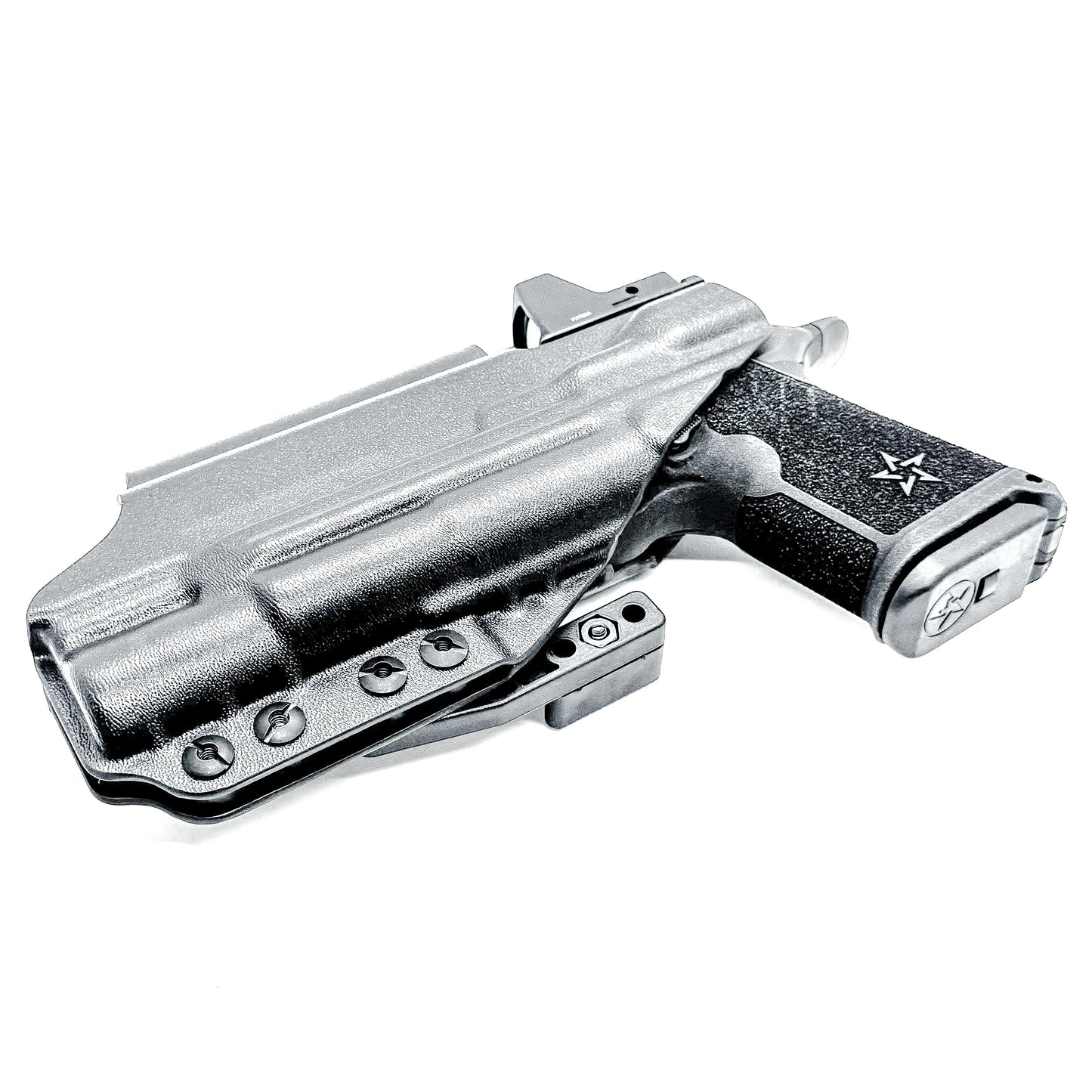 Black Precision-fit IWB inside the waistband holster with DCC Monoblock and a Modwing for the Staccato HD C4X and Surefire X300 from Four Brothers. Designed for comfort and concealment.  