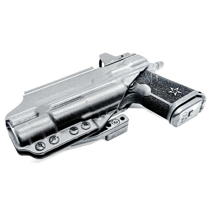 Black Precision-fit IWB inside the waistband holster with DCC Monoblock and a Modwing for the Staccato HD C4X and Surefire X300 from Four Brothers. Designed for comfort and concealment.  