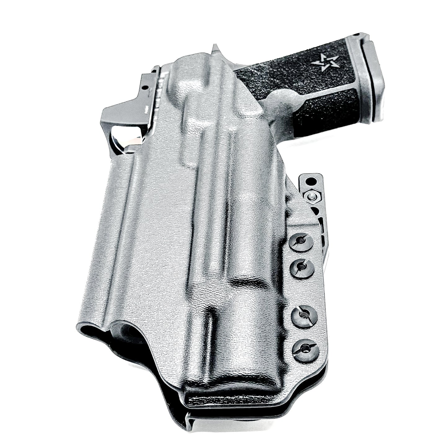 Black Precision-fit IWB inside the waistband holster with DCC Monoblock and a Modwing for the Staccato HD C4X and Surefire X300 from Four Brothers. Designed for comfort and concealment.  