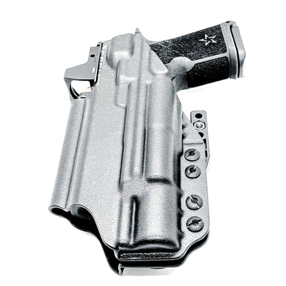 Black Precision-fit IWB inside the waistband holster with DCC Monoblock and a Modwing for the Staccato HD C4X and Surefire X300 from Four Brothers. Designed for comfort and concealment.  