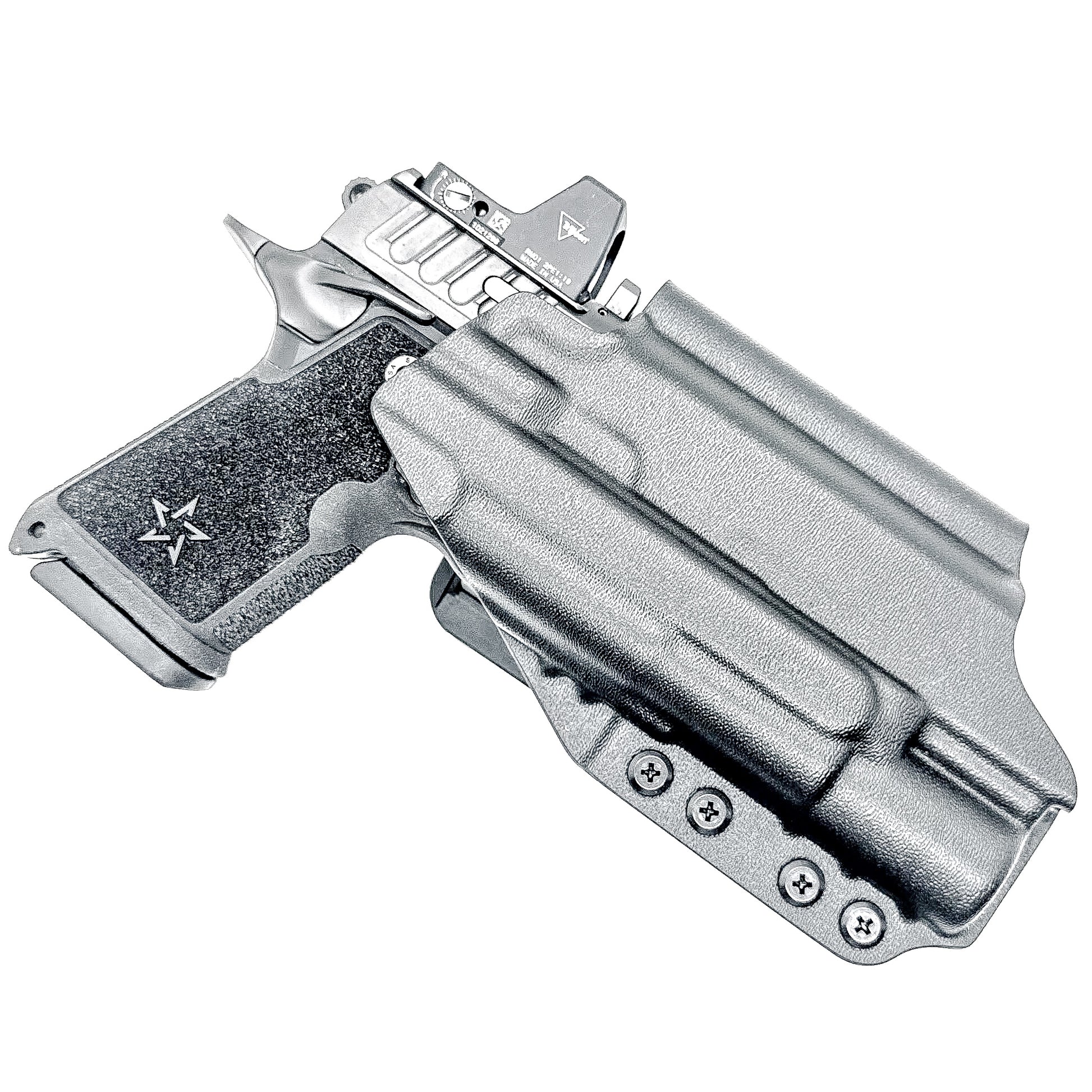 Precision-fit OWB Outside Waistband holster in black with a 4BROS 1.5" Belt Slide for the Staccato HD C4X and Surefire X300 from Four Brothers. Designed for comfort and concealment.  